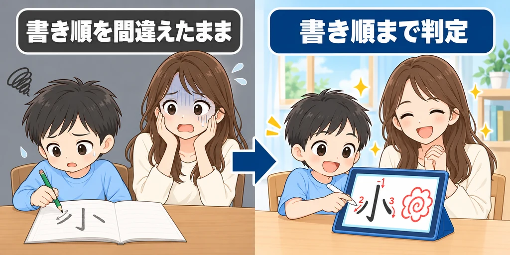 タブレットで書き順を判定してもらいながら、子どもが一人で学ぶ様子