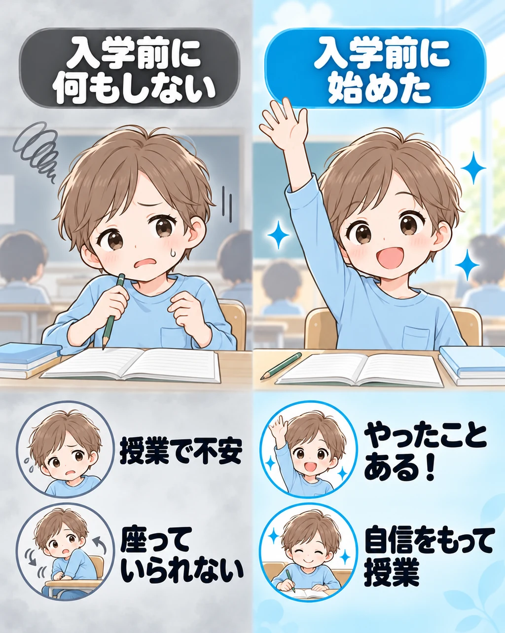 入学前に始めた子と始めなかった子の、入学後の授業を左右で比べた図